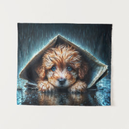 Niedlicher kleiner Hund am Regentag mit blauen Aug Wandteppich