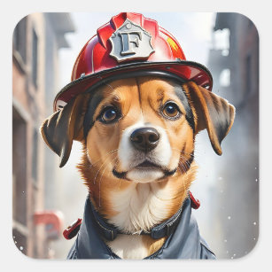 Niedlicher kleiner Hund in Firefighter Uniform Wat Quadratischer Aufkleber