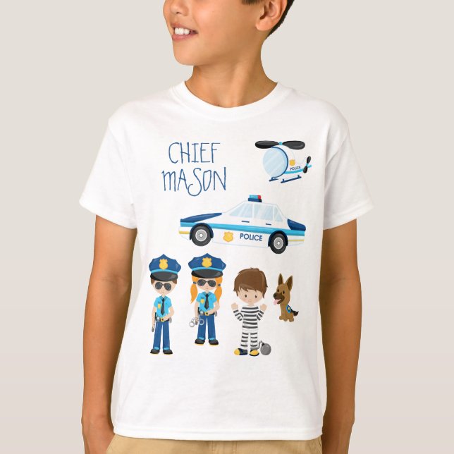 Niedlicher kleiner Kid-Cartoon-Polizist mit Vornam T-Shirt (Vorderseite)