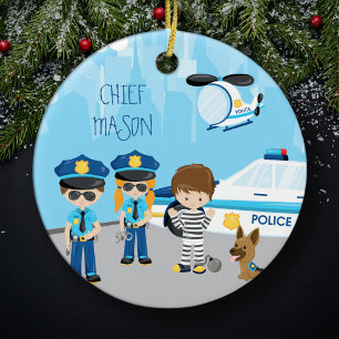 Niedlicher kleiner Kid Cartoon Polizist Weihnachte Keramik Ornament