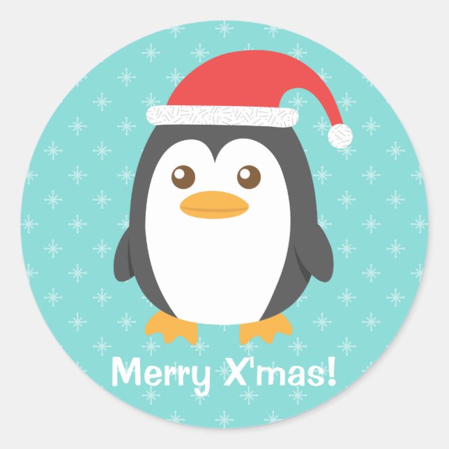 Niedlicher kleiner Penguin mit Weihnachtsmannmütze Runder Aufkleber (Vorderseite)