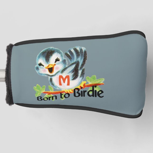 Niedlicher kleiner Retro Vogel geboren Birdie mit Golf Headcover (Vorderseite)
