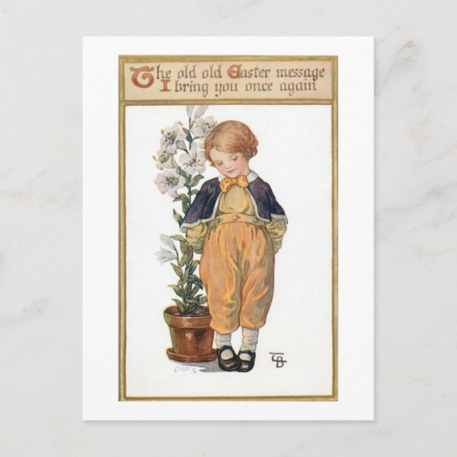 Niedlicher kleiner Vintager Junge mit Osterlilien Postkarte (Vorderseite)