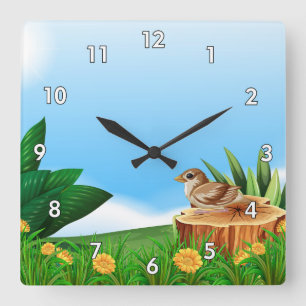 Niedlicher kleiner Vogel auf einem Feld Quadratische Wanduhr