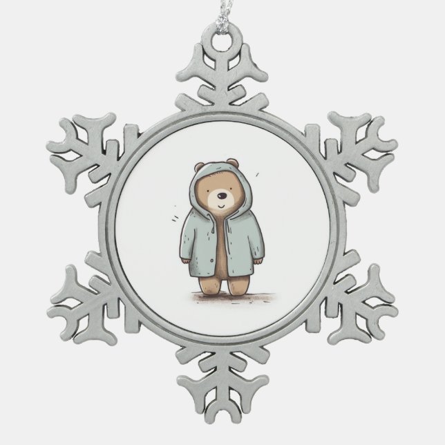 Niedlicher kleiner Wasserfarbenbär Schneeflocken Zinn-Ornament (Vorderseite)