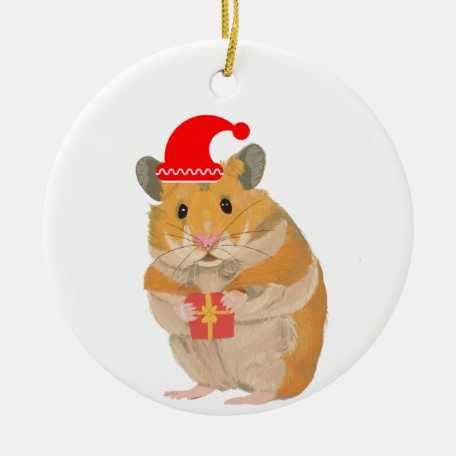Niedlicher kleiner WeihnachtsHamster mit Geschenk Keramik Ornament (Vorne)