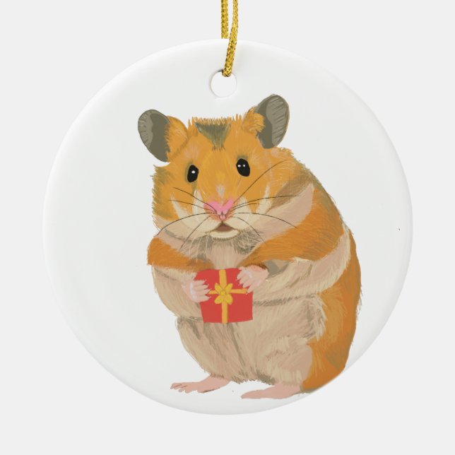 Niedlicher kleiner WeihnachtsHamster mit Geschenk Keramik Ornament (Vorne)