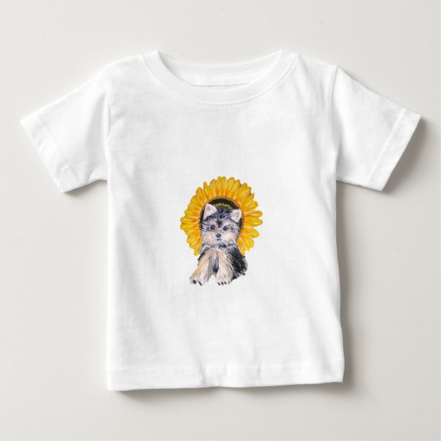Niedlicher kleiner Yorkshire-Welpenhund und Sonnen Baby T-shirt (Vorderseite)