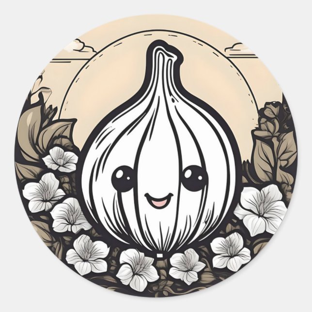 Niedlicher Knoblauch mit Blume Runder Aufkleber (Vorderseite)