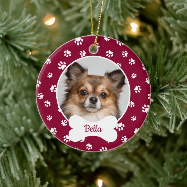 Niedlicher Knochenname Jahr Roter und Weiß-Paw-Aus Keramik Ornament (Baum)