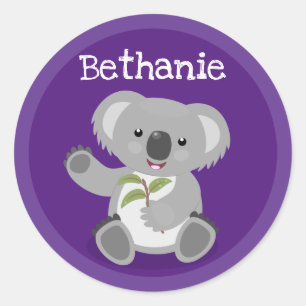 Niedlicher Koala-Bär mit Blätter Cartoon-Abbildung Runder Aufkleber