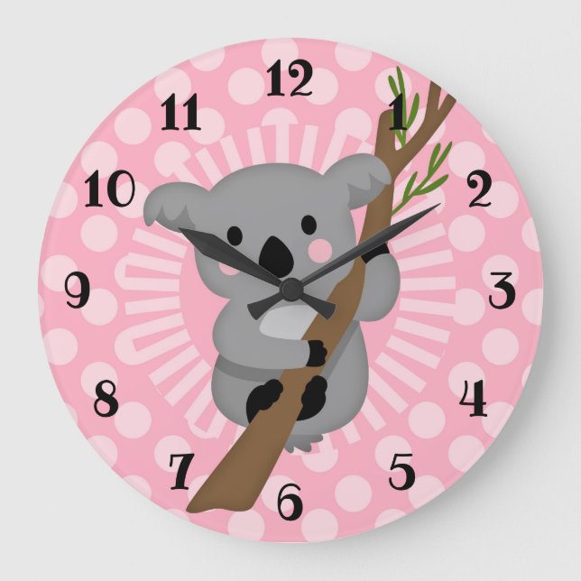 Niedlicher Koala Bär - Rosa Graue Girl Große Wanduhr (Vorderseite)