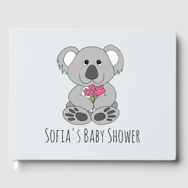 Niedlicher Koala Bären Cartoon und Name Baby Dusch Gästebuch (Vorderseite)