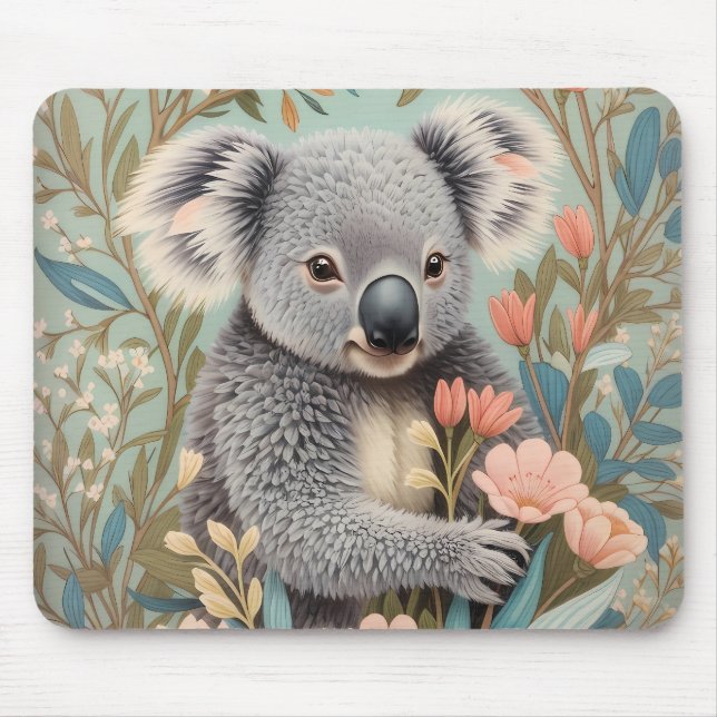 Niedlicher Koala Elegante Pastell-Blumen Mousepad (Vorne)