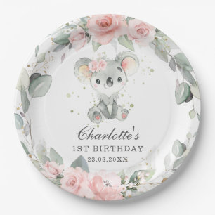 Niedlicher Koala Rosa Blumiges Salbei Grünzeug Geb Pappteller