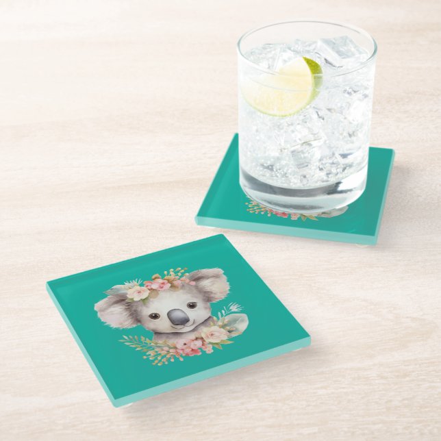 Niedlicher Koala Teal Glasuntersetzer (Schrägansicht)
