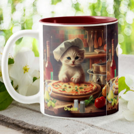 Niedlicher Koch Cat Pizza Personalisierter Name Zweifarbige Tasse