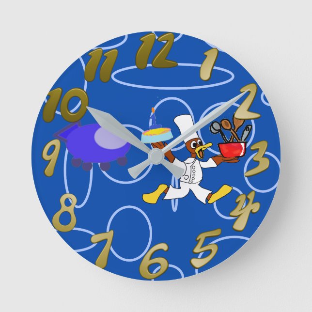 Niedlicher Koch Ducky Kazoo Blue Circles Runde Wanduhr (Vorderseite)