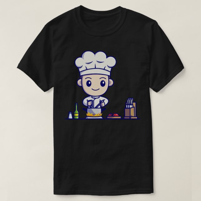 Niedlicher Koch Kochen in Küche Cartoon T-Shirt (Design vorne)