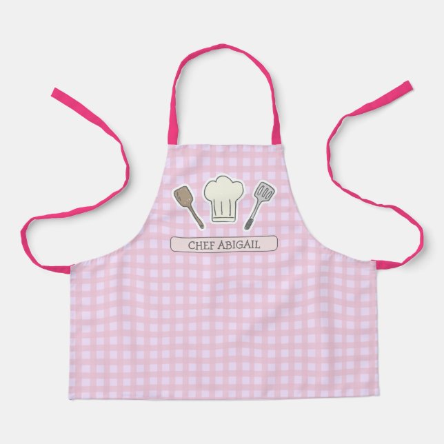 Niedlicher Koch Kochen Personalisiert Pink Gingham Schürze (Vorderseite)