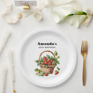 Niedlicher Korb voller Erdbeeren Geburtstag Pappteller