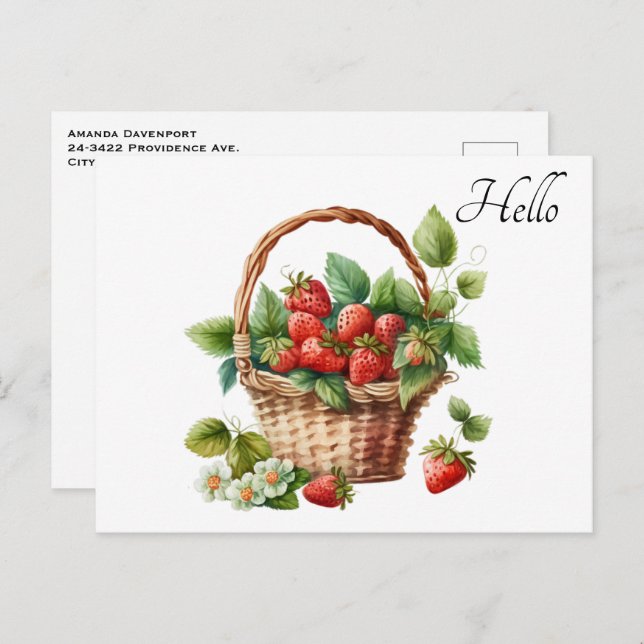 Niedlicher Korb voller Erdbeeren Hallo Postkarte (Vorne/Hinten)