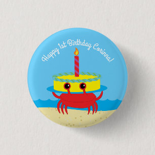 Niedlicher Krabben-Strand-1. Geburtstags-Party Button