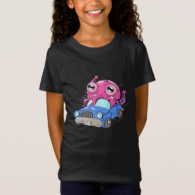 Niedlicher Kraken im Auto Funny Octopus Kinder T-Shirt (Vorderseite)