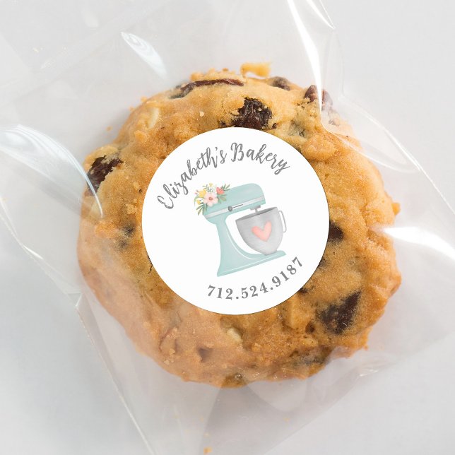 Niedlicher Kuchen Mixer Bäckerei Business Classic  Runder Aufkleber (A pretty blue mixer decorates this bakery sticker. Personalize it with your bakery name.)