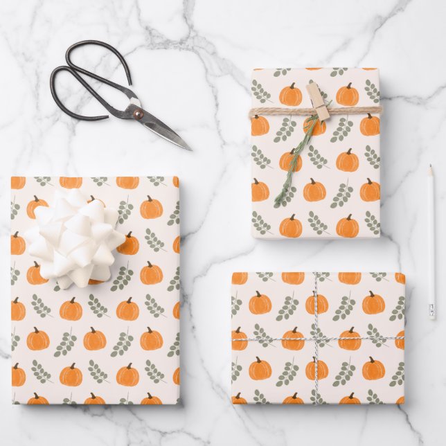 Niedlicher Kürbis Eucalyptus Fall Pattern Geschenkpapier Set (Vorderseite)