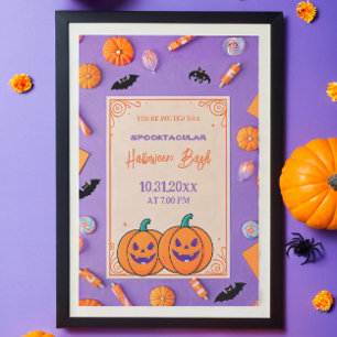 Niedlicher Kürbis Halloween Bash Orange Lila Einladung