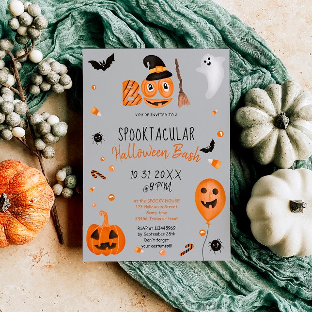 Niedlicher Kürbisboo Halloween Bash grau Einladung (Cute pumpkin Boo Halloween bash gray Invitation)
