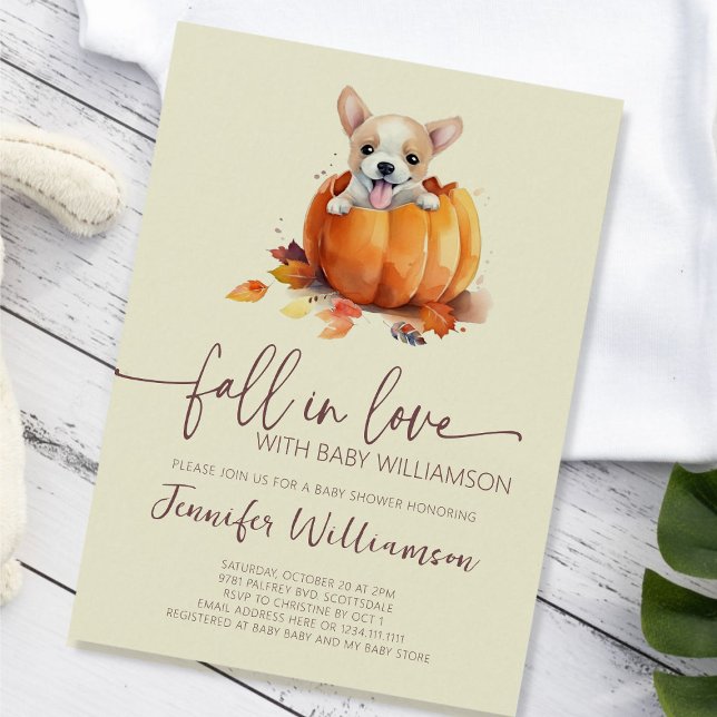 Niedlicher Kürbisfall in Liebe Kinderdusche Einladung (Cute Little Pumpkin Puppy Fall in Love Baby Shower Invitation)