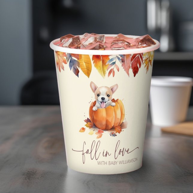 Niedlicher Kürbispuppenfall in Liebe Kinderdusche Pappbecher (Cute Little Pumpkin Puppy Fall In Love baby Shower Paper cups)