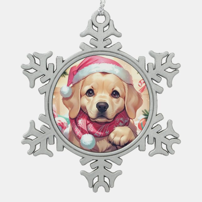 Niedlicher Labrador Retriever mit pastellfarbenem  Schneeflocken Zinn-Ornament (Vorderseite)