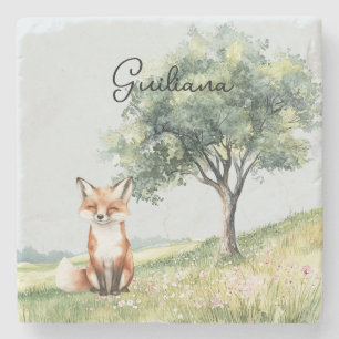 Niedlicher lächelnder Fuchs Blumenfeld Baum Steinuntersetzer