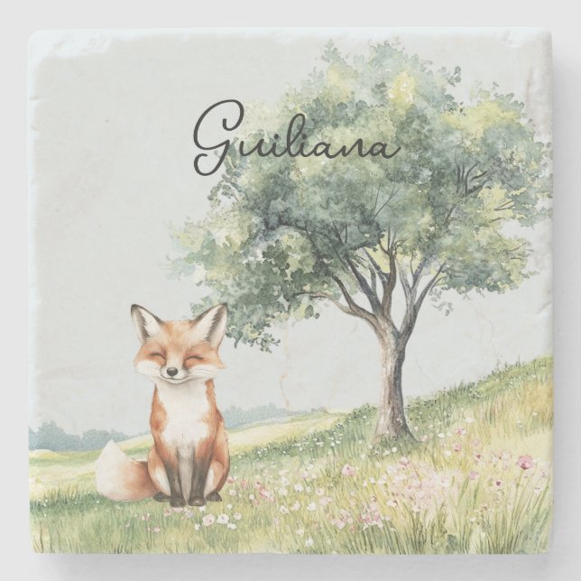 Niedlicher lächelnder Fuchs Blumenfeld Baum Steinuntersetzer (Vorderseite)