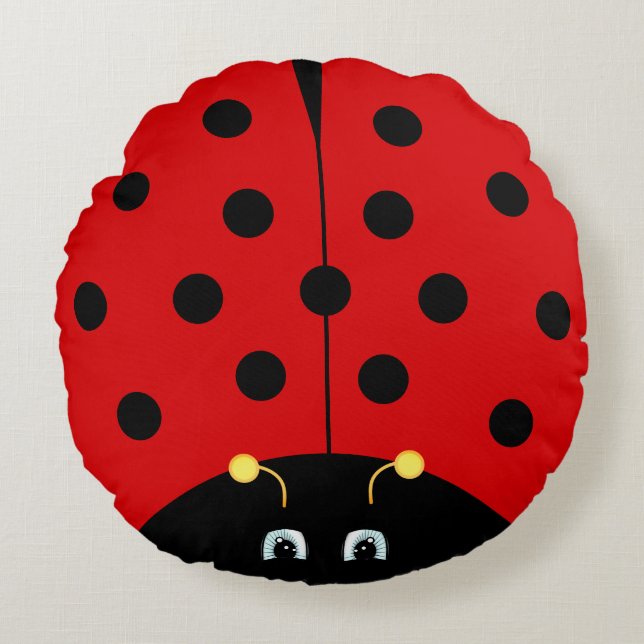 Niedlicher Lady Bug Cartoon in Schwarz & Rot Rundes Kissen (Vorderseite)