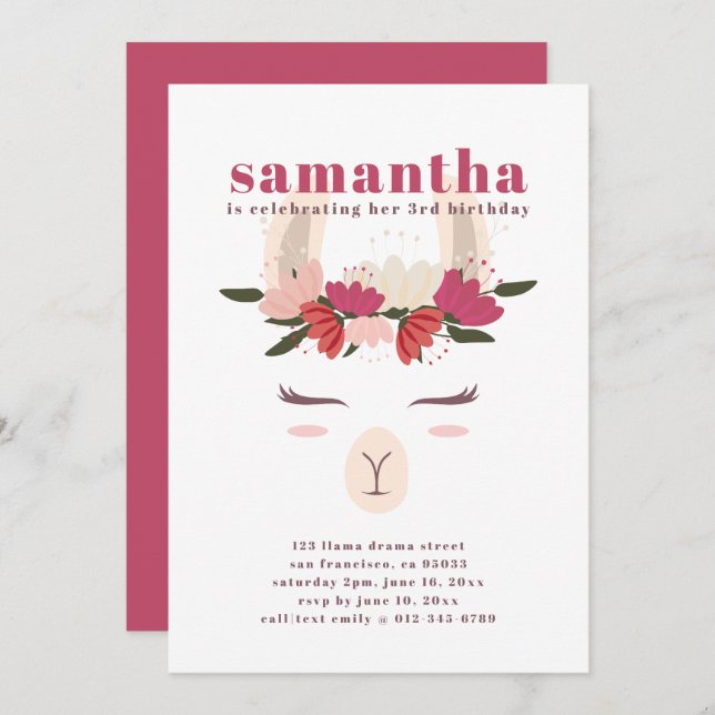 Niedlicher Lama Geburtstag Einladung (Vorne/Hinten)
