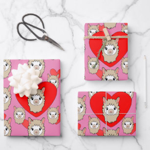 Niedlicher Lama-Kopf und rotes Herz rosa Hintergru Geschenkpapier Set