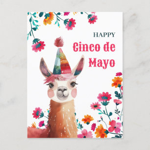 Niedlicher Lama mit Fuchsia Blume Happy Cinco de M Postkarte
