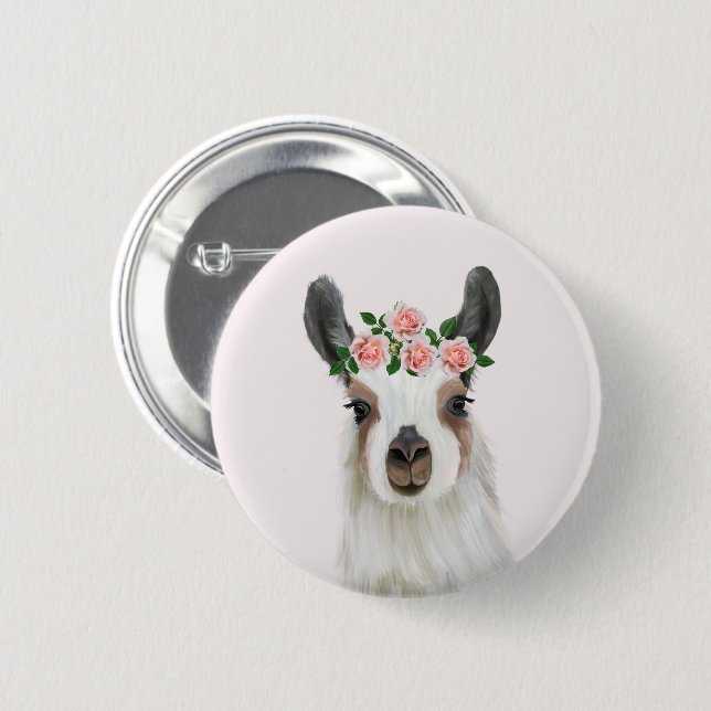 Niedlicher Lama mit Rose Blume Kronenrosa Button (Vorne & Hinten)