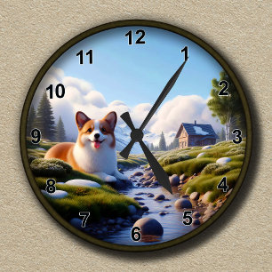 Niedlicher Landschaftlicher Hintergrund für Corgi Runde Wanduhr