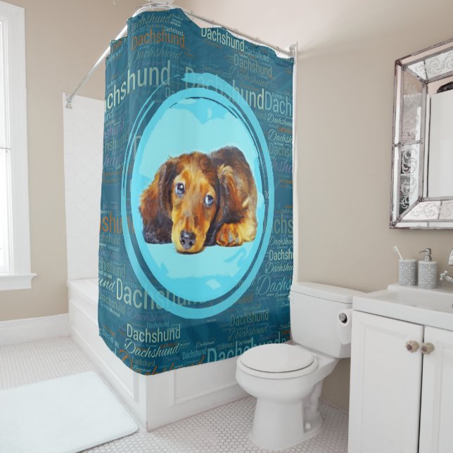 Niedlicher langhaariger Dackel-Welpe Duschvorhang (Beispiel)