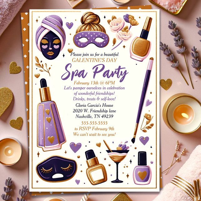 Niedlicher Lavendel und Gold Galentine's Day Welln Einladung (Cute Lavender and Gold Galentine's Day Spa Party Invitation)