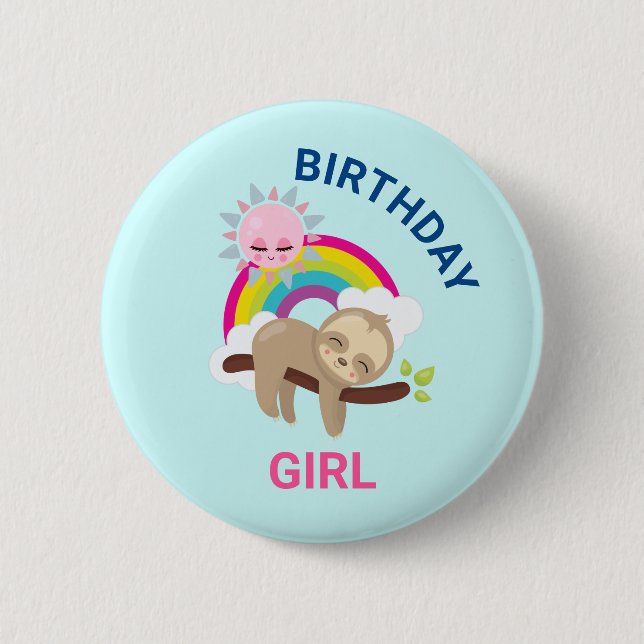 Niedlicher Lazy Sloth mit Sun & Rainbow Birthday G Button (Vorderseite)