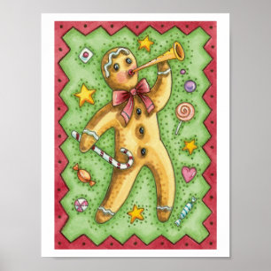 Niedlicher Lebkuchenmann Blühende Horn, Weihnachts Poster