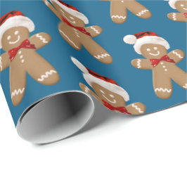 niedlicher Lebkuchenmann mit Weihnachtsmannmütze Geschenkpapier
