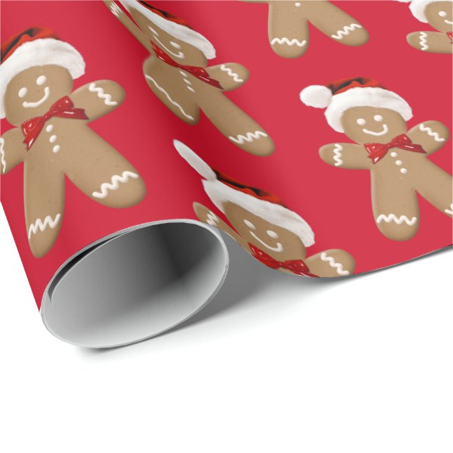 niedlicher Lebkuchenmann mit Weihnachtsmannmütze Geschenkpapier (Rolleneckpunkt)