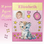 Niedlicher Leopard-Foto Name Rosa Gelbe Kinder Puzzle<br><div class="desc">30 Stück Puzzle für Kinder. Mit einem niedlichen Leoparden,  mit Sternen und Liebe Herz. Fügen Sie einen Namen,  ein Initial und ein Foto hinzu. Farbschema: rosa und gelb Geschenkidee für Kinder.</div>